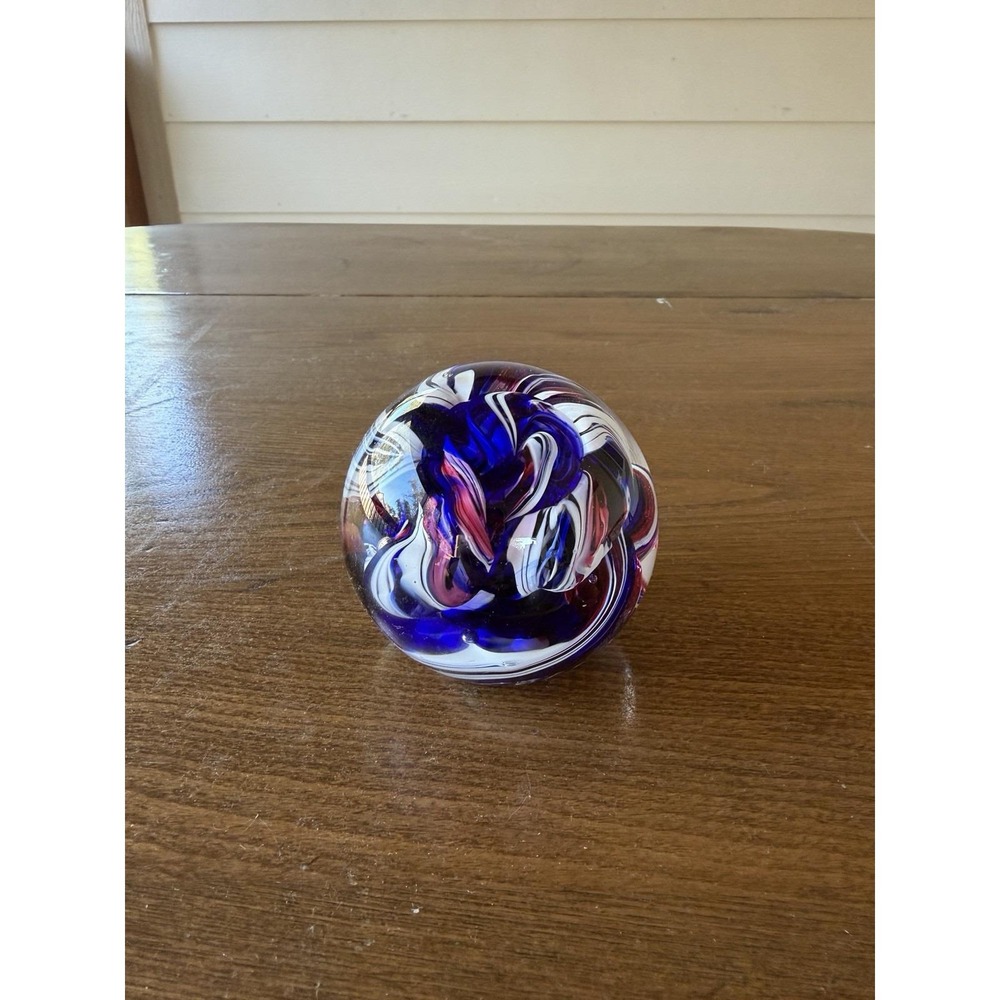 Signed Rollin Karg Studio Art Glass Paperweight Red White Blue Ribbon Swirl